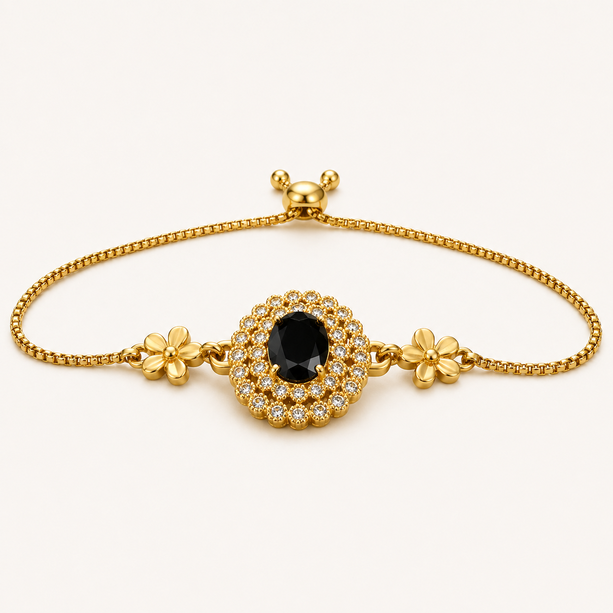 Luxury Gold Bracelet with Black Stone – Adjustable Elegant Hand Jewelry BOOOO6