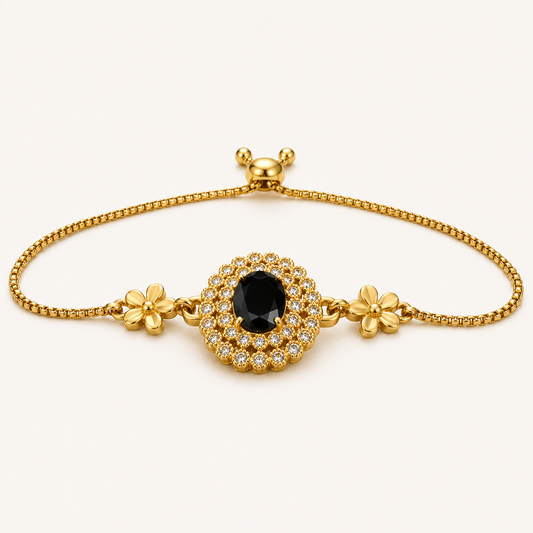 Luxury Gold Bracelet with Black Stone – Adjustable Elegant Hand Jewelry BOOOO6