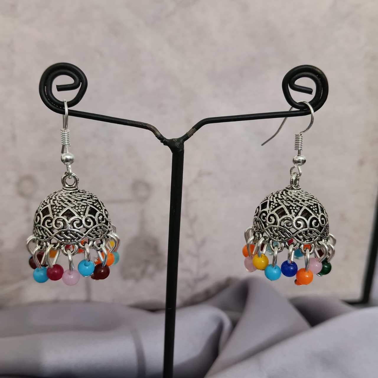 Handcrafted Silver Jhumka Earrings with Multicolor Beads – Traditional Ethnic Jewelry E00006