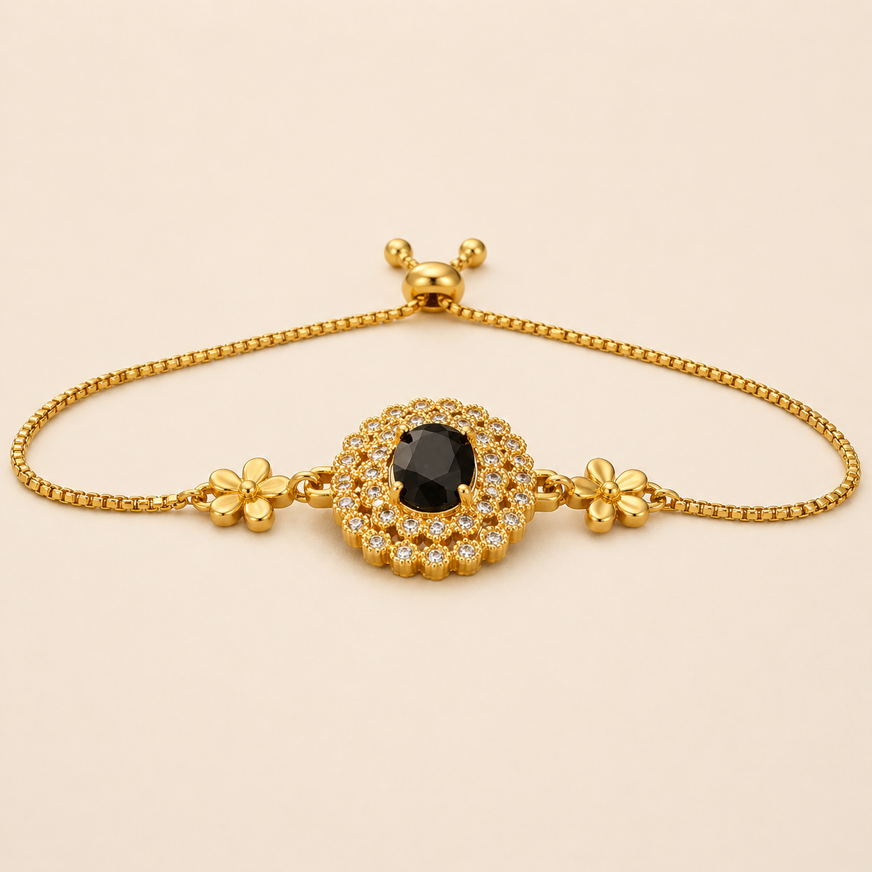 Luxury Gold Bracelet with Black Stone – Adjustable Elegant Hand Jewelry  BOOOO6