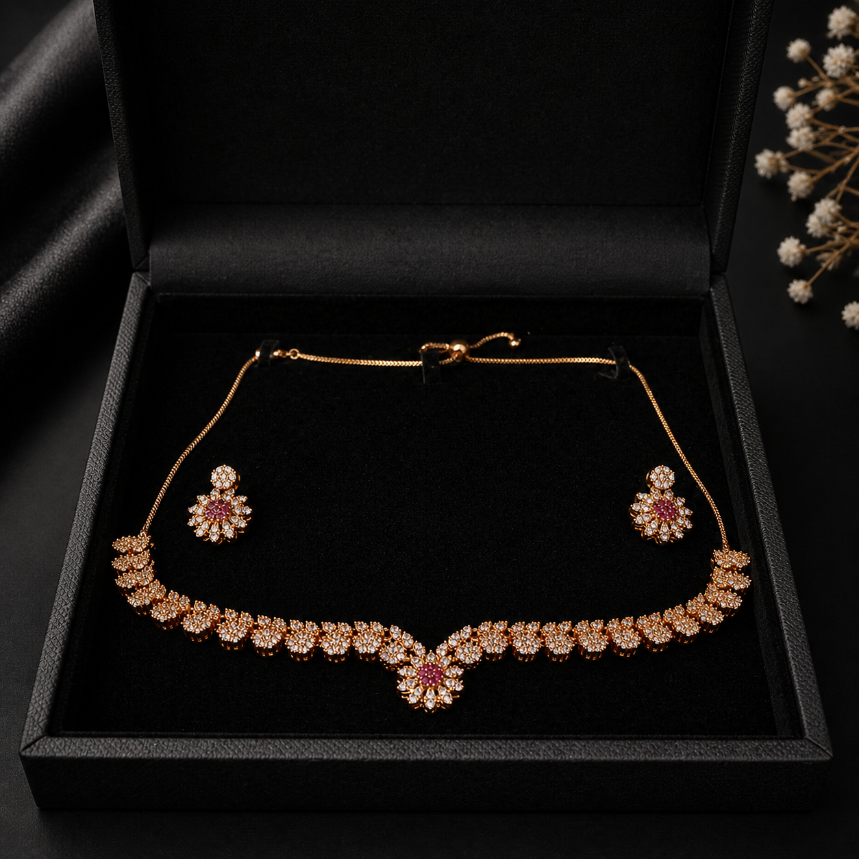 Luxury Rose Gold Floral Necklace Set with Crystal Stones S0002