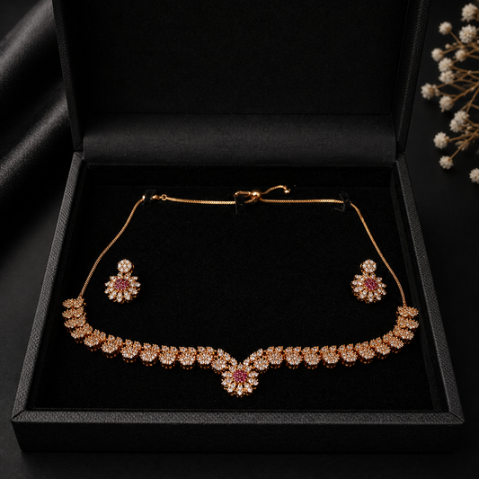 Luxury Rose Gold Floral Necklace Set with Crystal Stones S0002