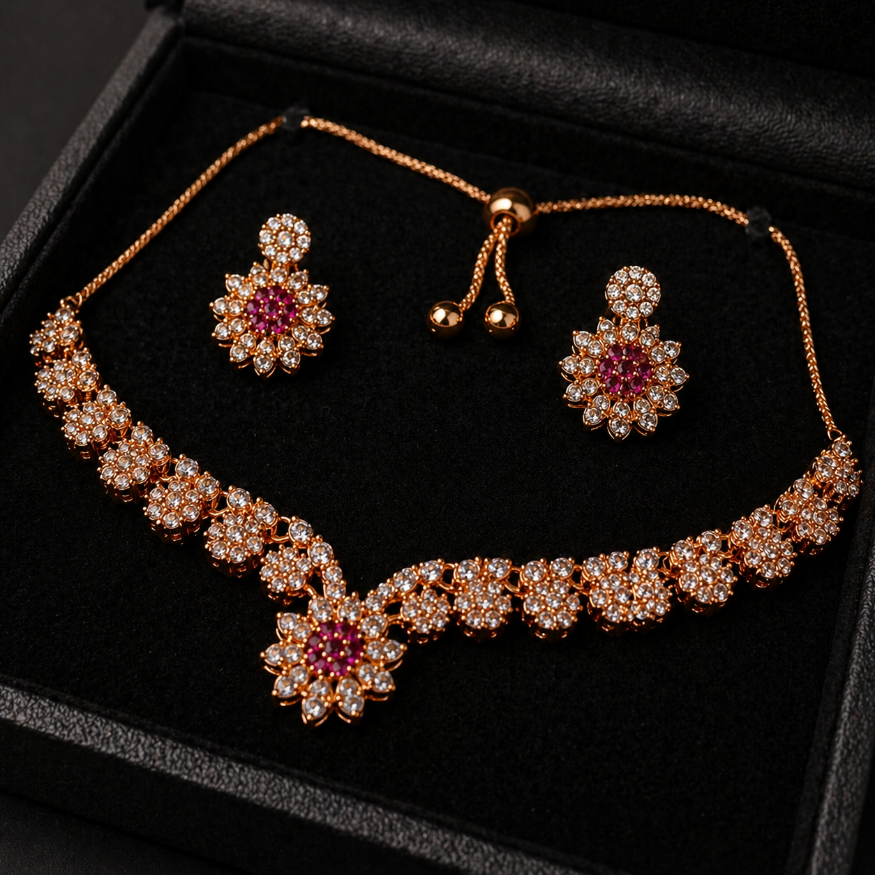 Luxury Rose Gold Floral Necklace Set with Crystal Stones S0002