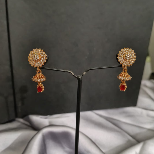 Traditional Gold-Plated Floral Drop Earrings with Red Stone E00004