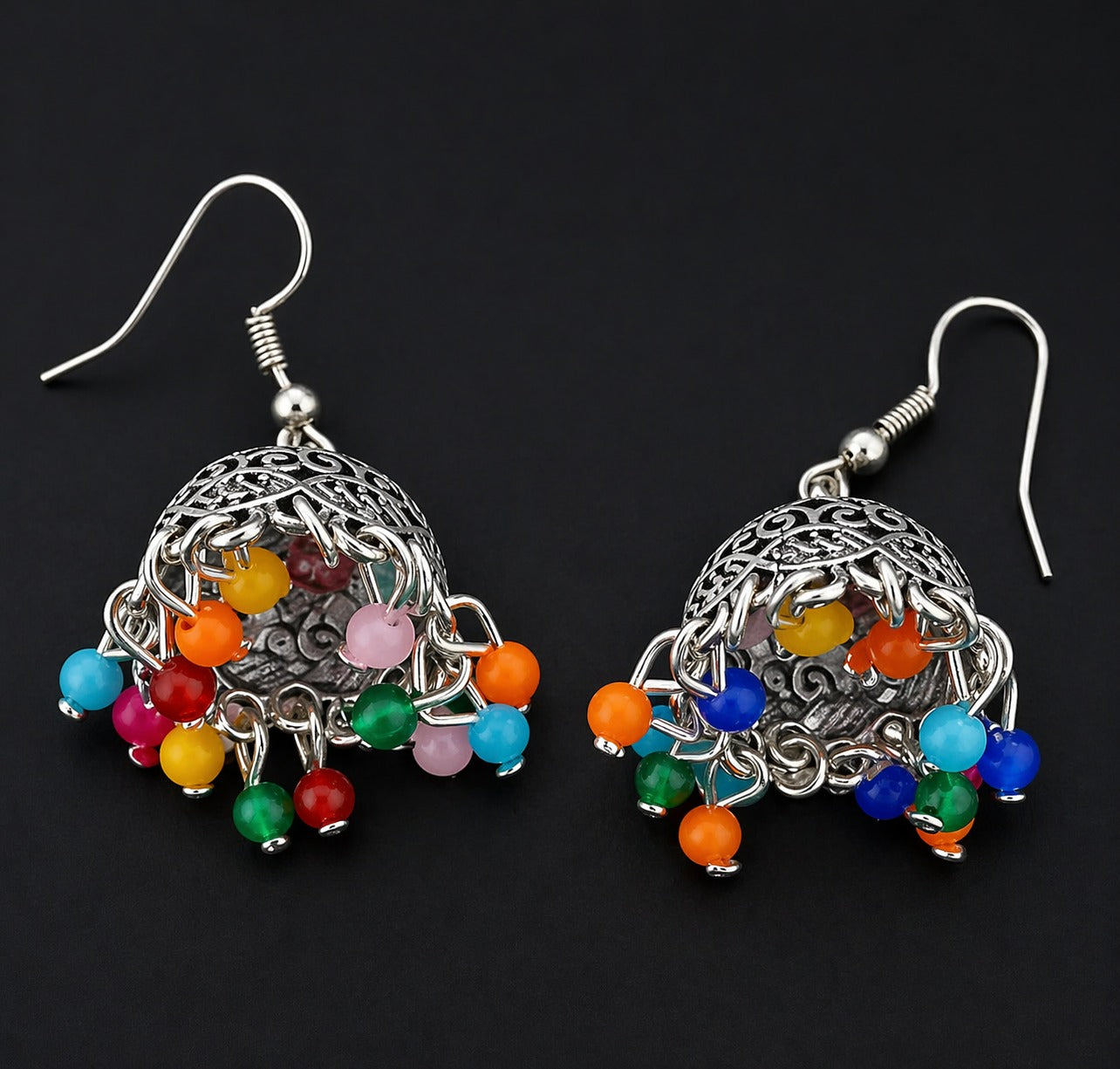 Handcrafted Silver Jhumka Earrings with Multicolor Beads – Traditional Ethnic Jewelry  E00006