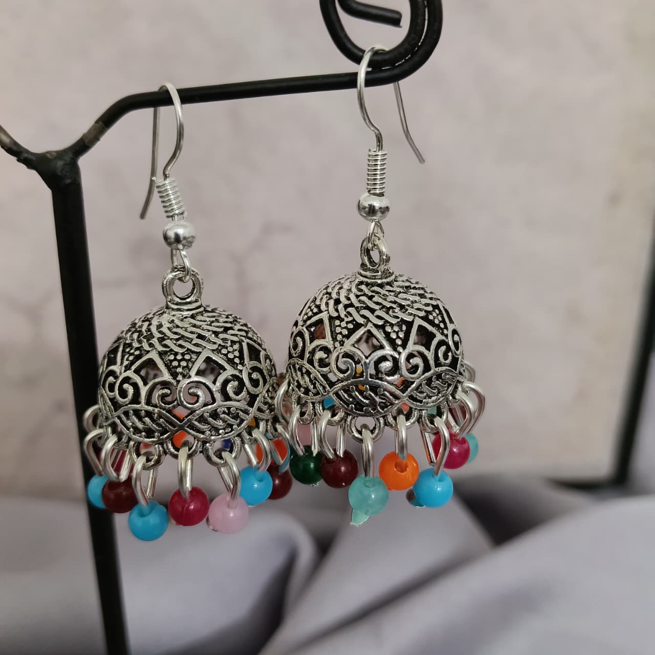 Handcrafted Silver Jhumka Earrings with Multicolor Beads – Traditional Ethnic Jewelry  E00006