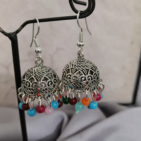 Handcrafted Silver Jhumka Earrings with Multicolor Beads – Traditional Ethnic Jewelry  E00006