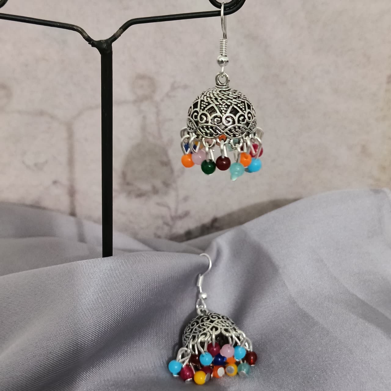Handcrafted Silver Jhumka Earrings with Multicolor Beads – Traditional Ethnic Jewelry  E00006
