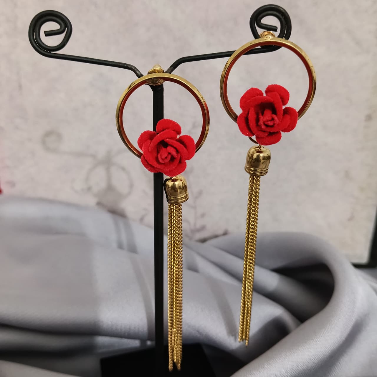 Elegant Red Rose Tassel Hoop Earrings for Women  E0009