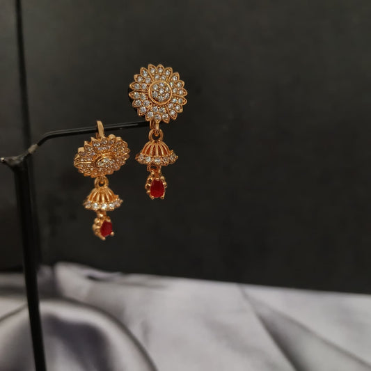 Traditional Gold-Plated Floral Drop Earrings with Red Stone E00004