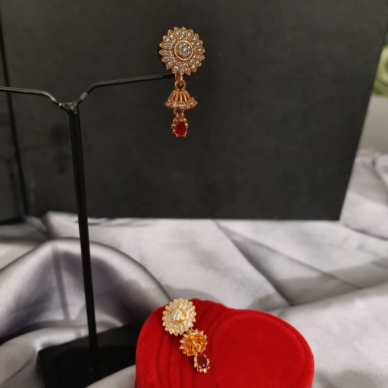 Traditional Gold-Plated Floral Drop Earrings with Red Stone E00004