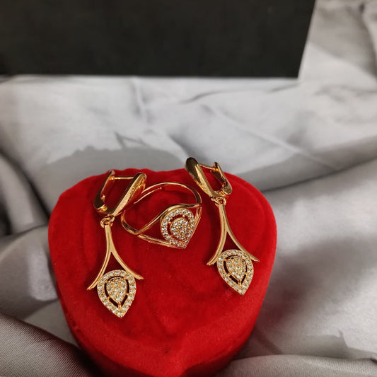 Elegant Gold Crystal Jewelry Set – Designer Earrings & Adjustable Ring for Women   E00008